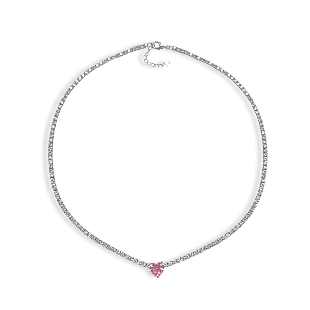 Collana choker con brillanti e pietra a cuore rosa